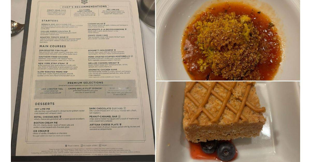 Royal Caribbean menu with portobello and peanut butter bar dessert all vegan food