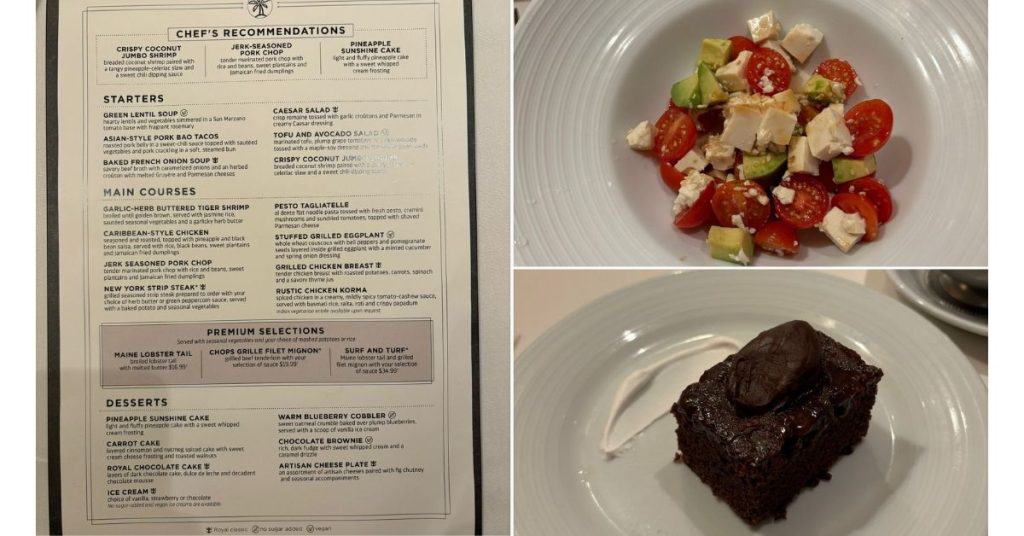 Vegan Food on Royal Caribbean: menu, tofu salad and chocolate brownie