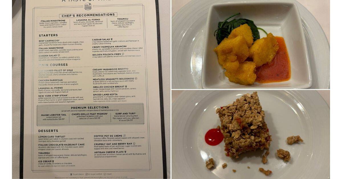 Vegan food on Royal Caribbean including polenta fries and berry dessert 