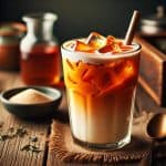 A cold glass of vegan thai iced tea
