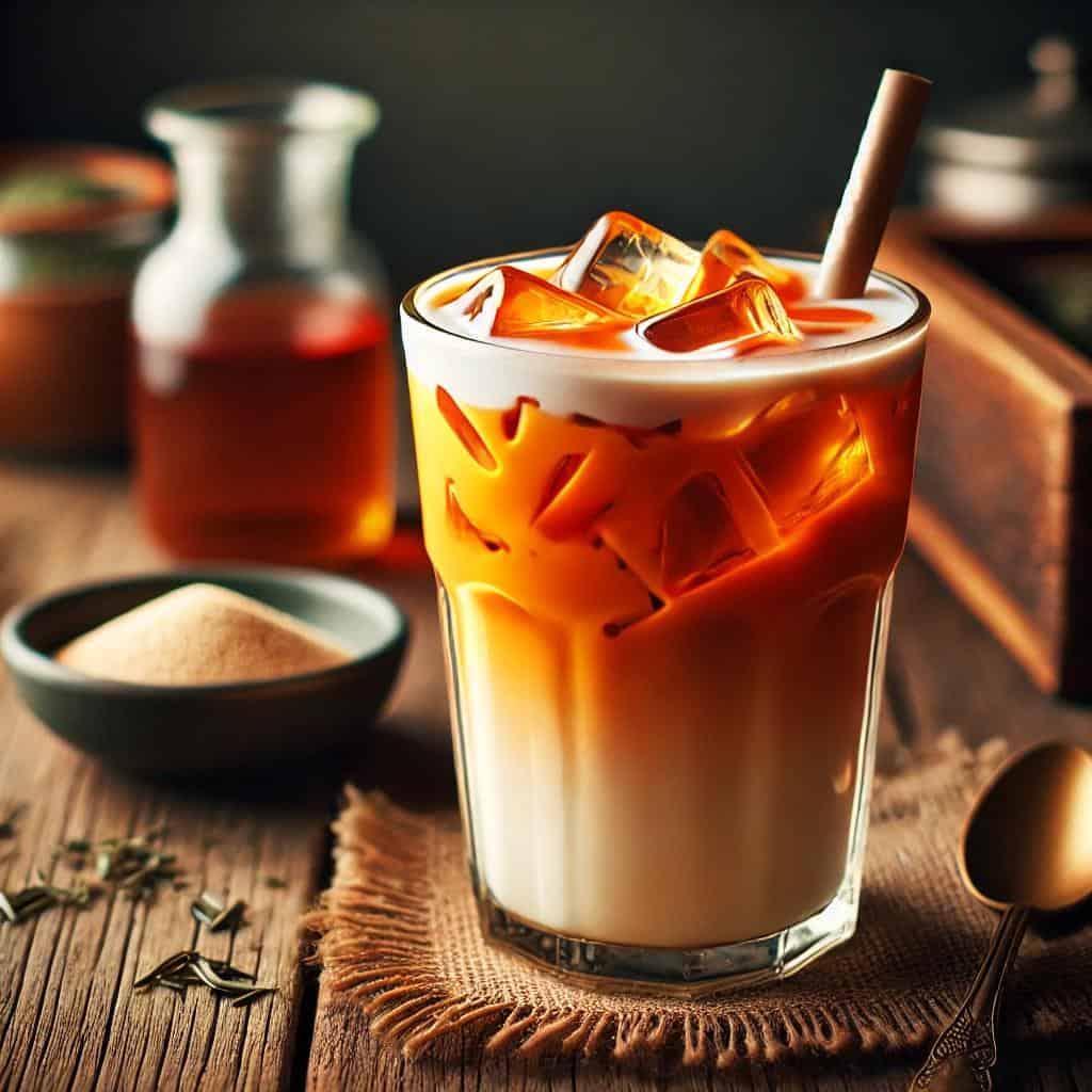 A cold glass of vegan thai iced tea